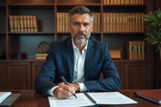 Homme d'affaires roumain signant des documents d'immatriculation d'une SRL dans un bureau juridique