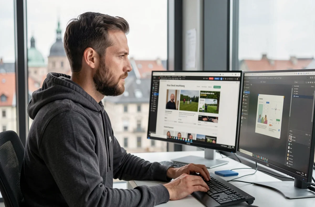 Designer de l'agence Dagré travaillant sur un projet e-commerce avec double écran dans un bureau moderne à Strasbourg