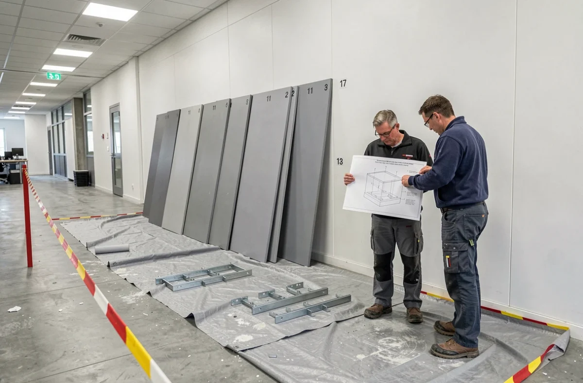 Démontage d'une salle de réunion modulaire avec panneaux préfabriquées empilés et équipe de techniciens dans un couloir de bureau à Lille
