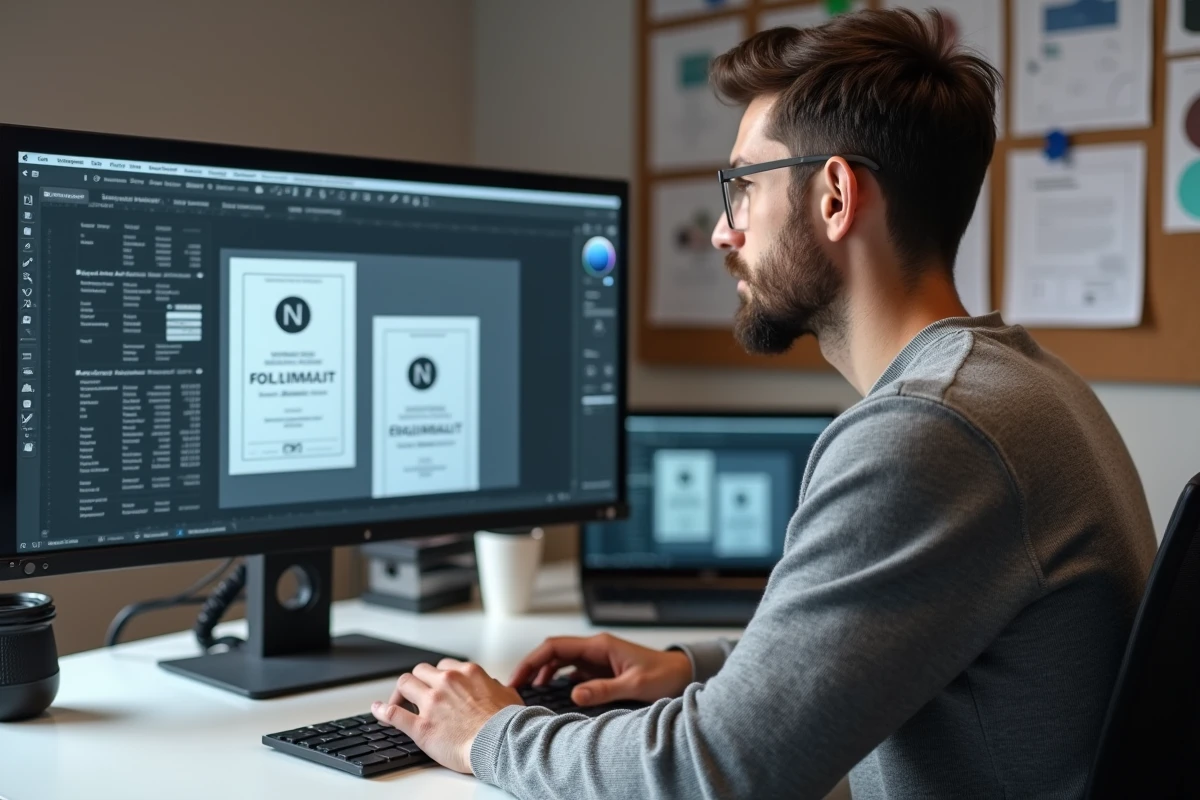 Designer graphique intégrant le logo officiel des notaires sur une carte de visite dans un logiciel de conception vectorielle