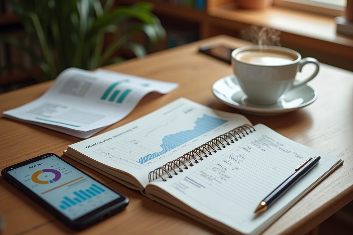 Détail d'un bureau avec cahier de calcul de rentabilité, rapport financier imprimé et smartphone affichant un tableau de bord B2B