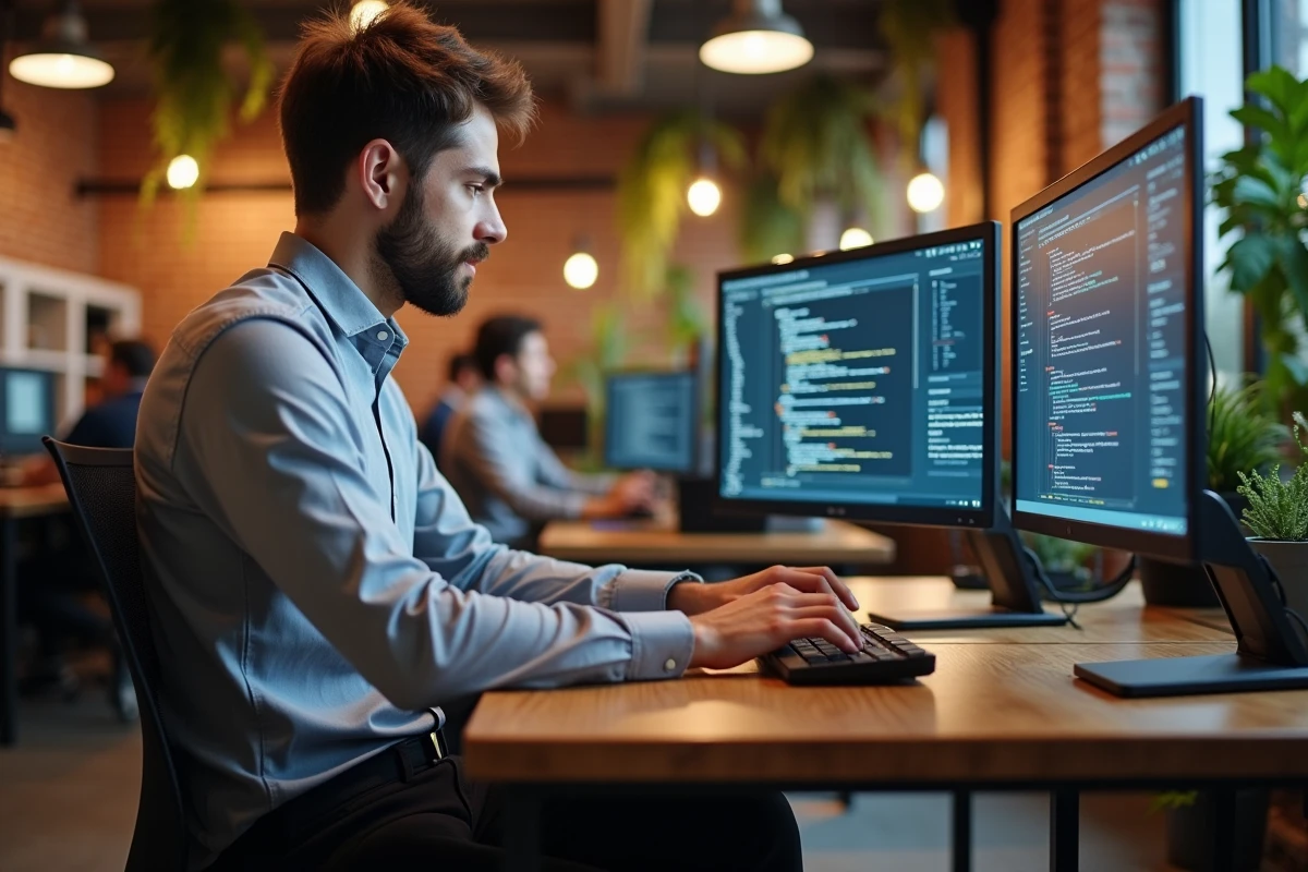 Jeune développeur informatique travaillant sur plusieurs écrans dans un espace de coworking, représentant les métiers tech à haut salaire et flexibilité de vie