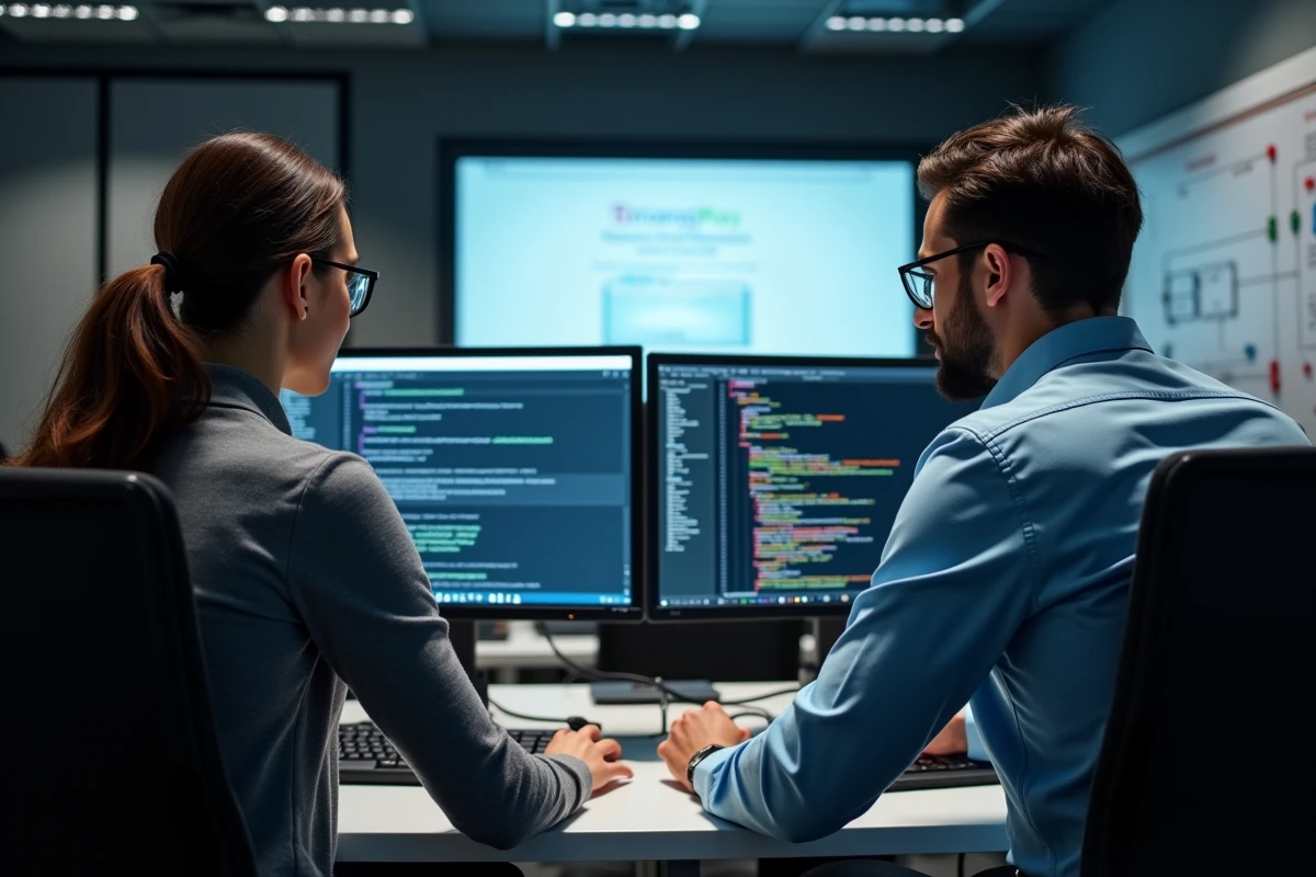 Deux développeurs analysant les risques de compatibilité lors de l'intégration de PROROLE dans un système d'information d'entreprise