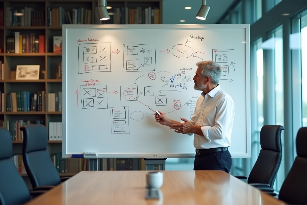 Directeur d'agence présentant le modèle de services et les offres stratégiques sur un tableau blanc lors d'une réunion client