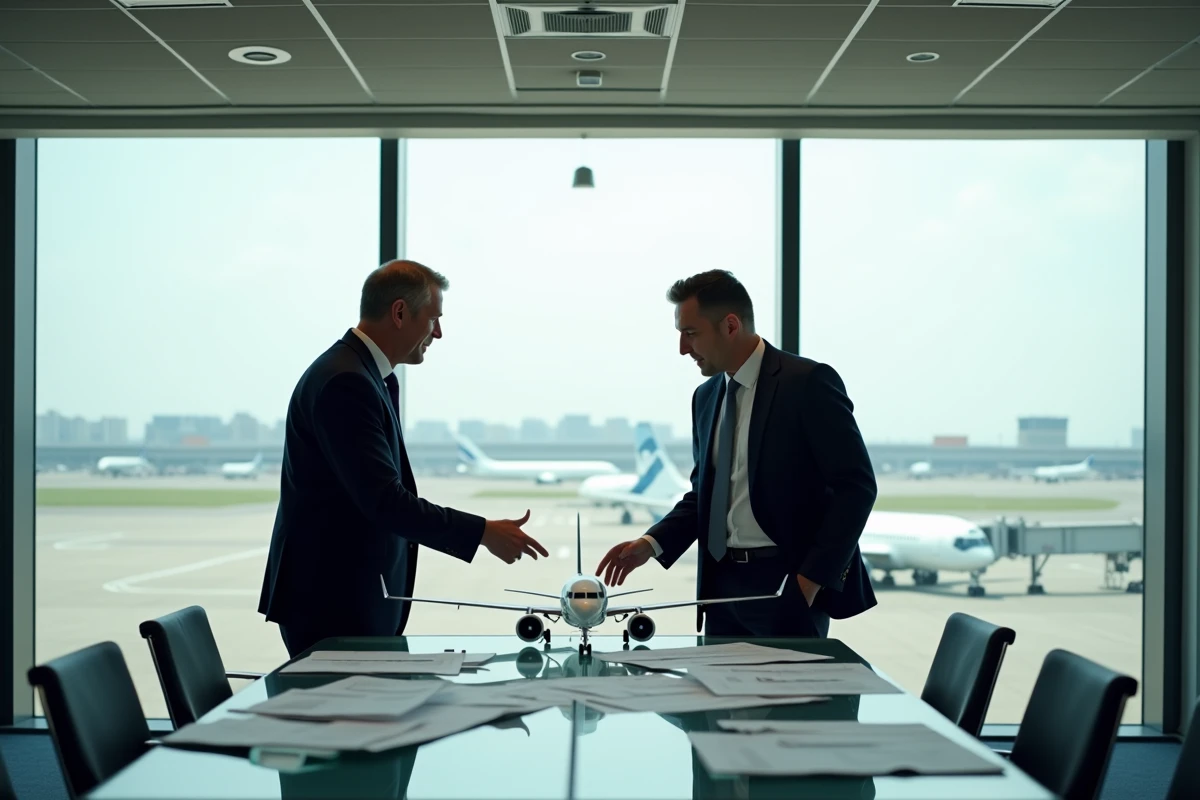 Deux dirigeants de l'aviation en réunion stratégique dans une salle de conférence avec vue sur piste, documents de flotte aérienne sur la table