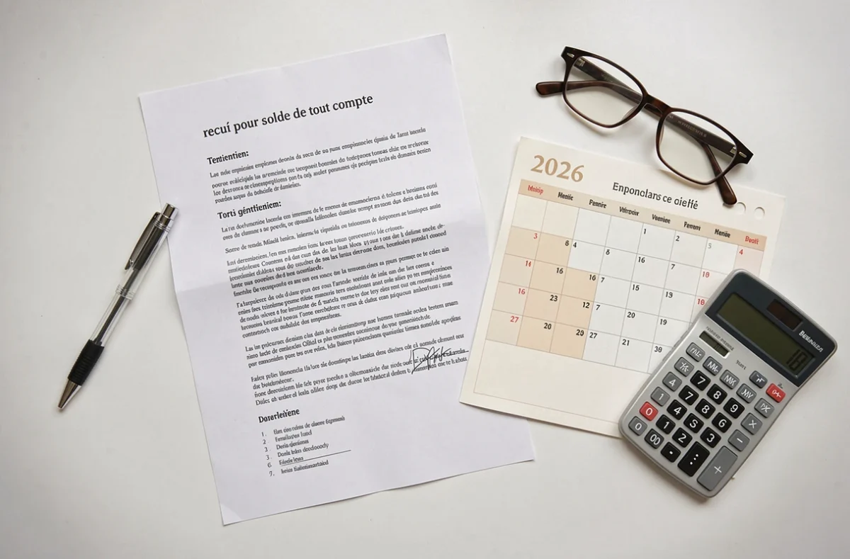Documents administratifs de solde de tout compte posés sur un bureau avec calendrier 2026
