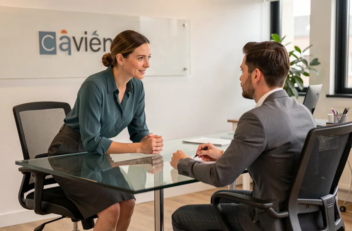 Consultante de Domino RH Compiègne en entretien de recrutement avec un candidat dans les bureaux de l'agence