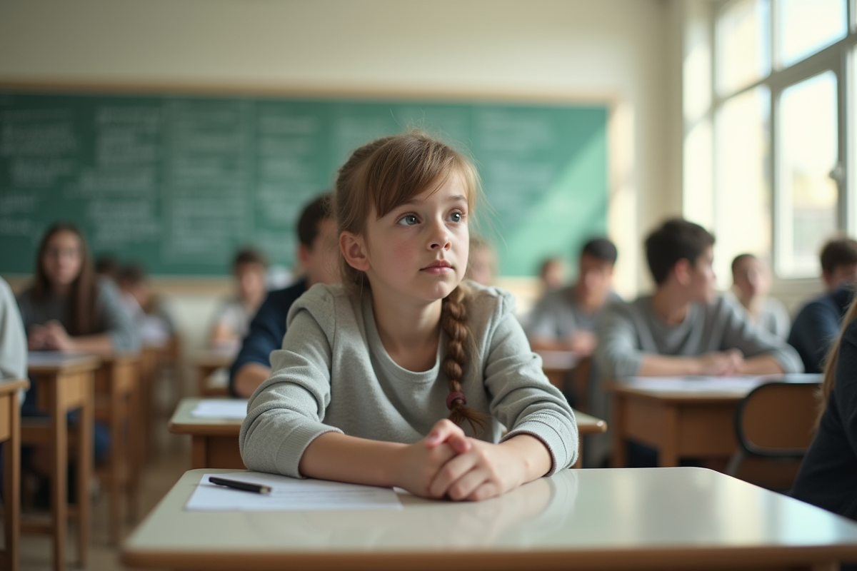 Un élève seul dans une salle de classe lumineuse