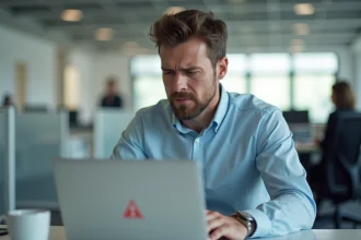 Employé de bureau frustré devant un écran d'erreur sur son ordinateur portable en open space