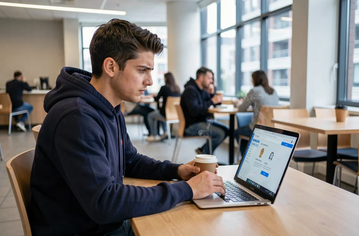 Jeune employé hésitant face à un tutoriel d'onboarding d'un logiciel RH dans une salle de pause d'entreprise