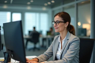 Employée professionnelle utilisant l'intranet Inetum sur double écran dans un bureau moderne en open space