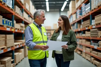 Employé Leroy Merlin en gilet vert conseillant une cliente dans un rayon de bricolage