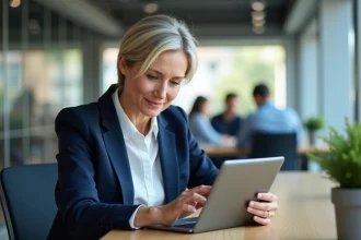 Employée de La Poste consultant Ma Box RH sur une tablette dans un bureau moderne