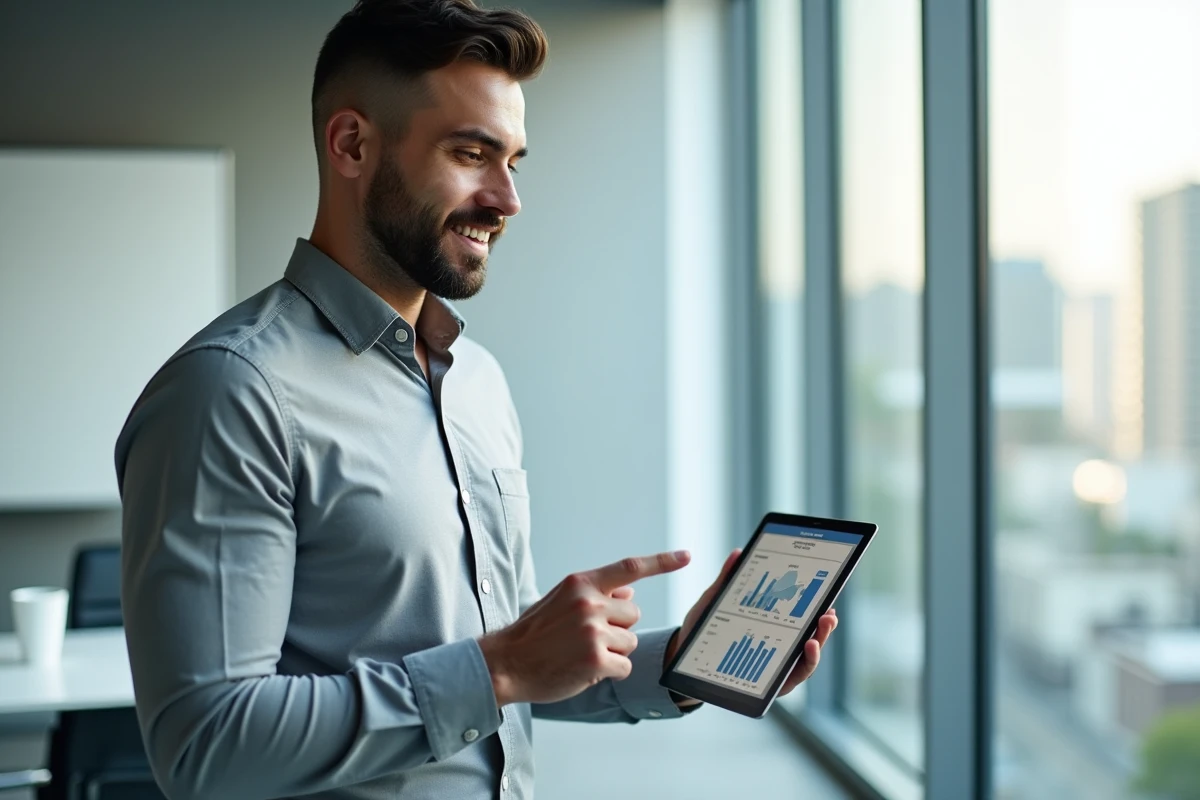 Employeur consultant un tableau de bord RH Silae sur tablette dans une salle de réunion vitrée