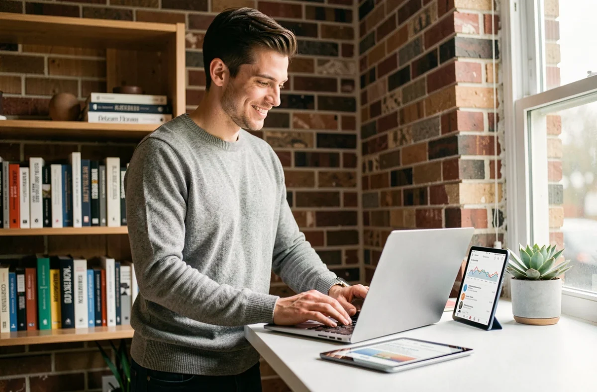 Jeune entrepreneur utilisant un outil de gestion de médias digitaux depuis son bureau à domicile pour développer son activité