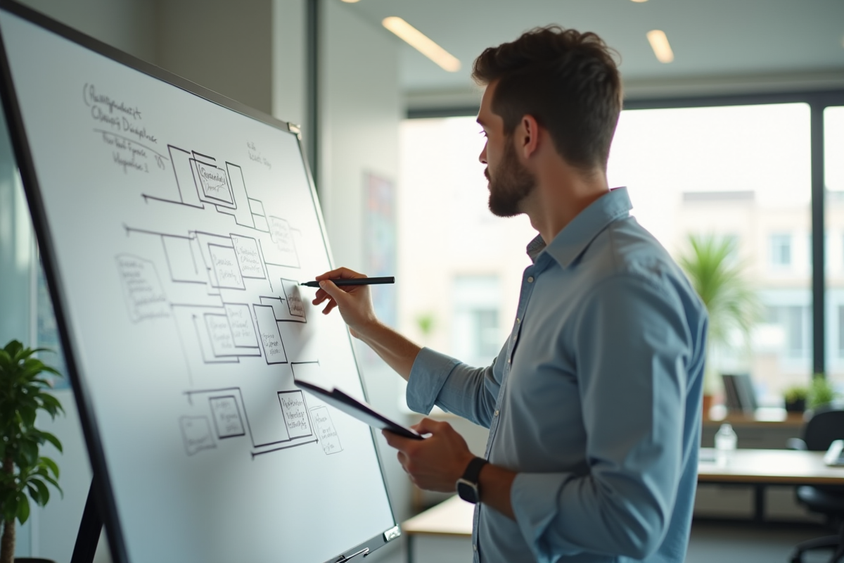Entrepreneur esquissant un diagramme sur un tableau blanc