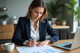 Entrepreneuse étudiant un business plan détaillé à son bureau dans un espace de coworking moderne