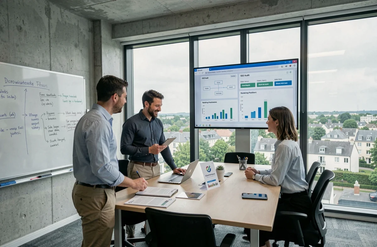 Équipe d'une agence SEO en réunion stratégique autour d'un audit de référencement dans le Val-de-Marne
