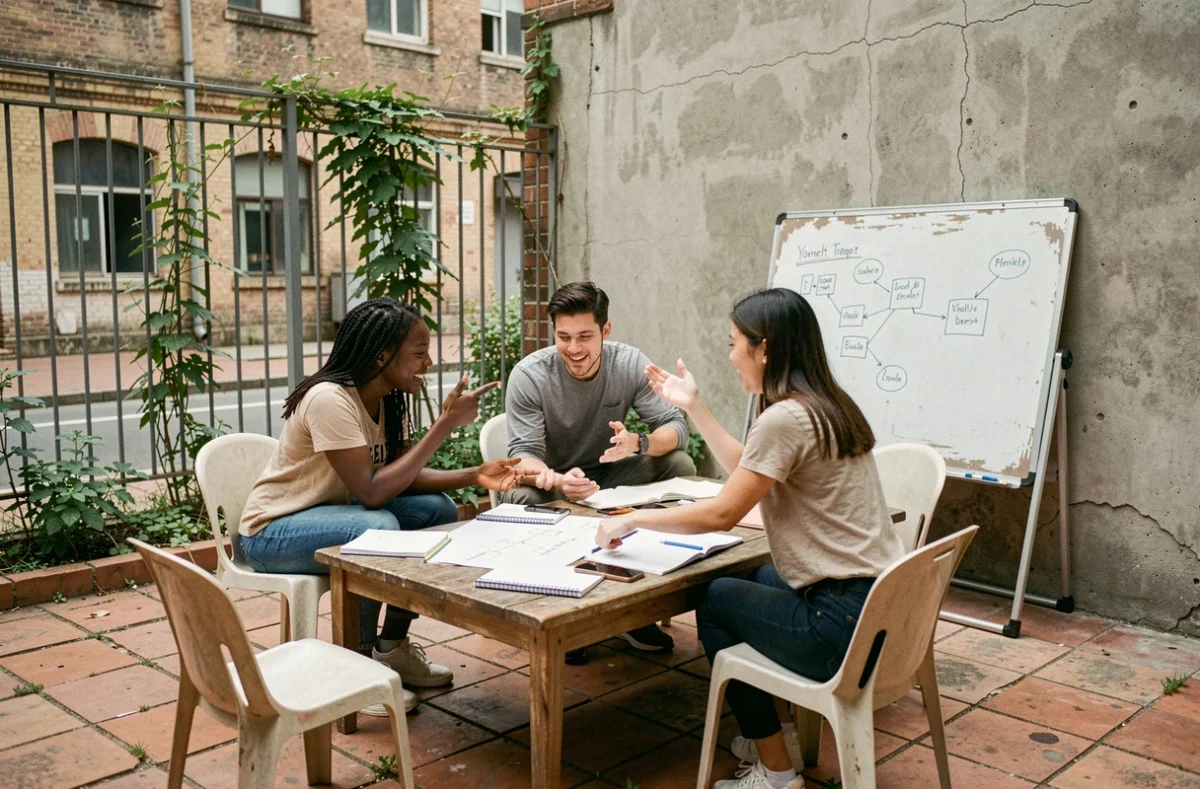Équipe multiculturelle en session de brainstorming jugaad dans une cour urbaine avec des ressources limitées