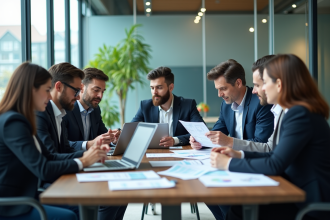 Groupe de professionnels en réunion dans un bureau moderne