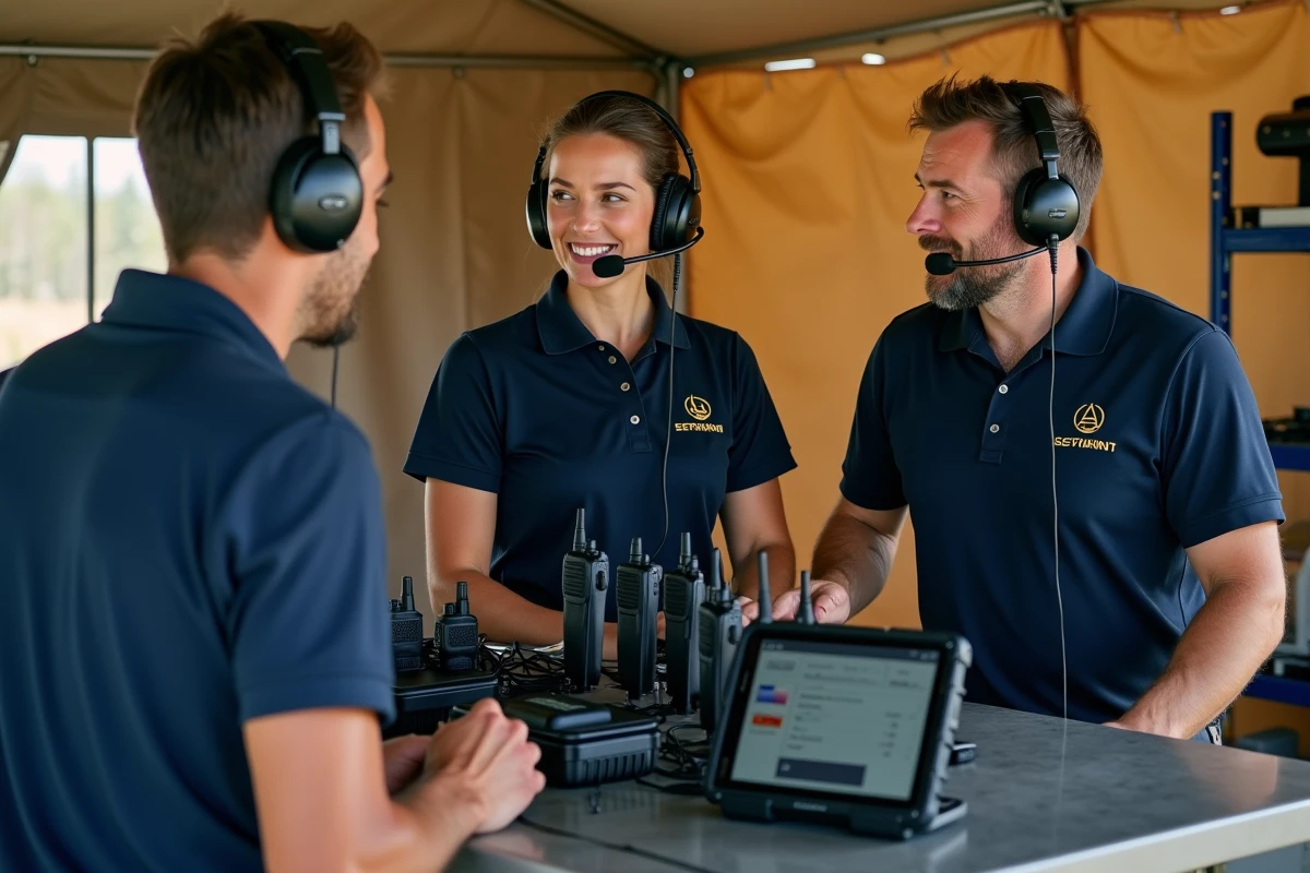 Équipe terrain coordonnant des communications sécurisées avec le système radio Tacticom lors d'un déploiement opérationnel