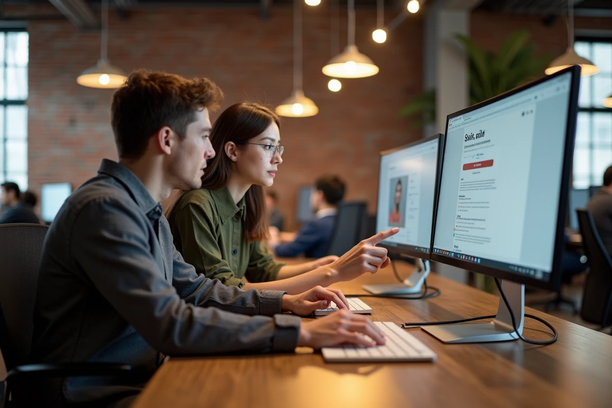 Deux professionnels en espace de coworking analysant ensemble une page de vente stan.store avec des options d'upsell et de cross-sell affichées sur un grand écran