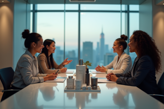 Groupe de professionnels discutant de produits en réunion