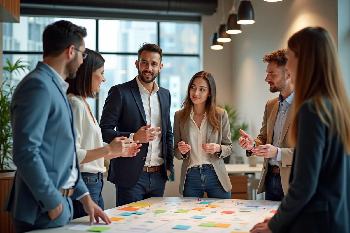 Groupe de professionnels en discussion collaborative