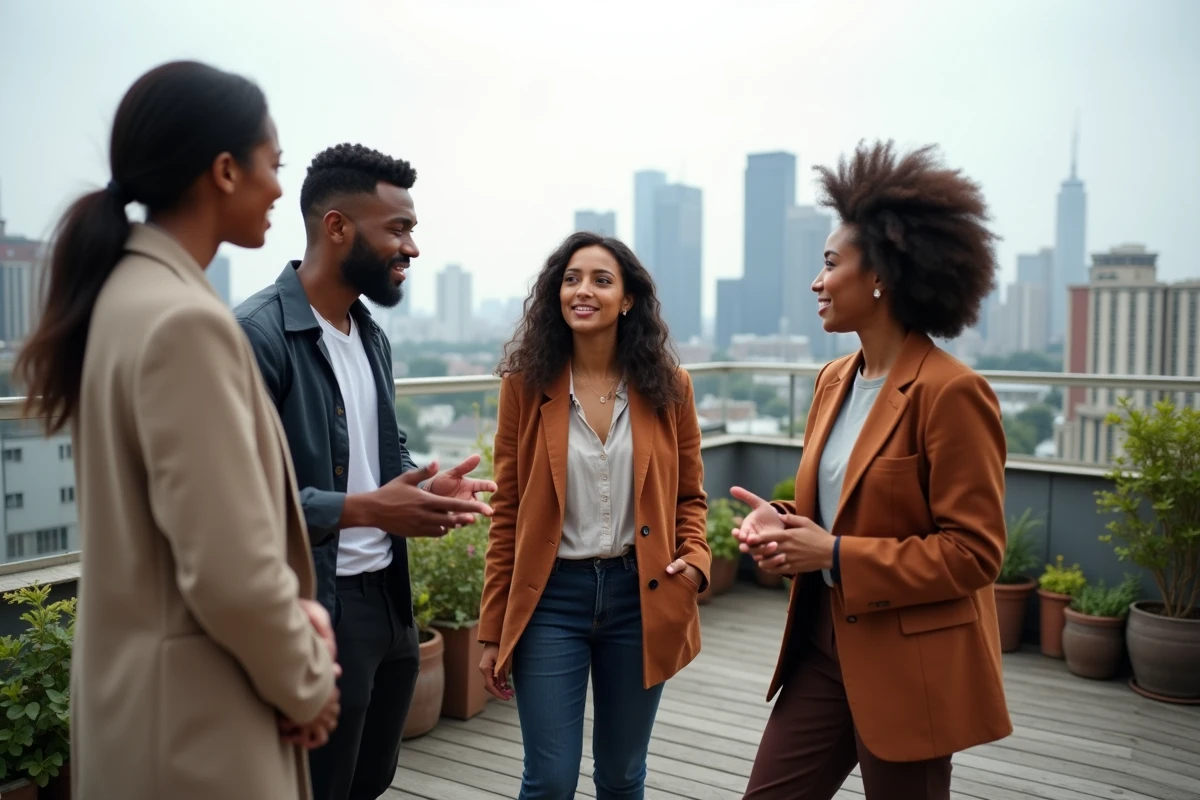 Groupe de professionnels diversifi&eacute;s en discussion informelle sur un toit terrasse, illustrant un leadership collaboratif et inclusif