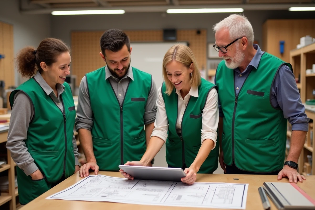 Équipe d'employés Leroy Merlin réunis autour d'un atelier de démonstration en magasin