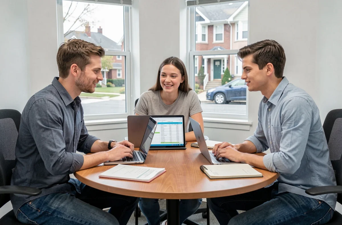 Petite équipe de jeunes entrepreneurs discutant du budget pour louer un bureau partagé à Argenteuil