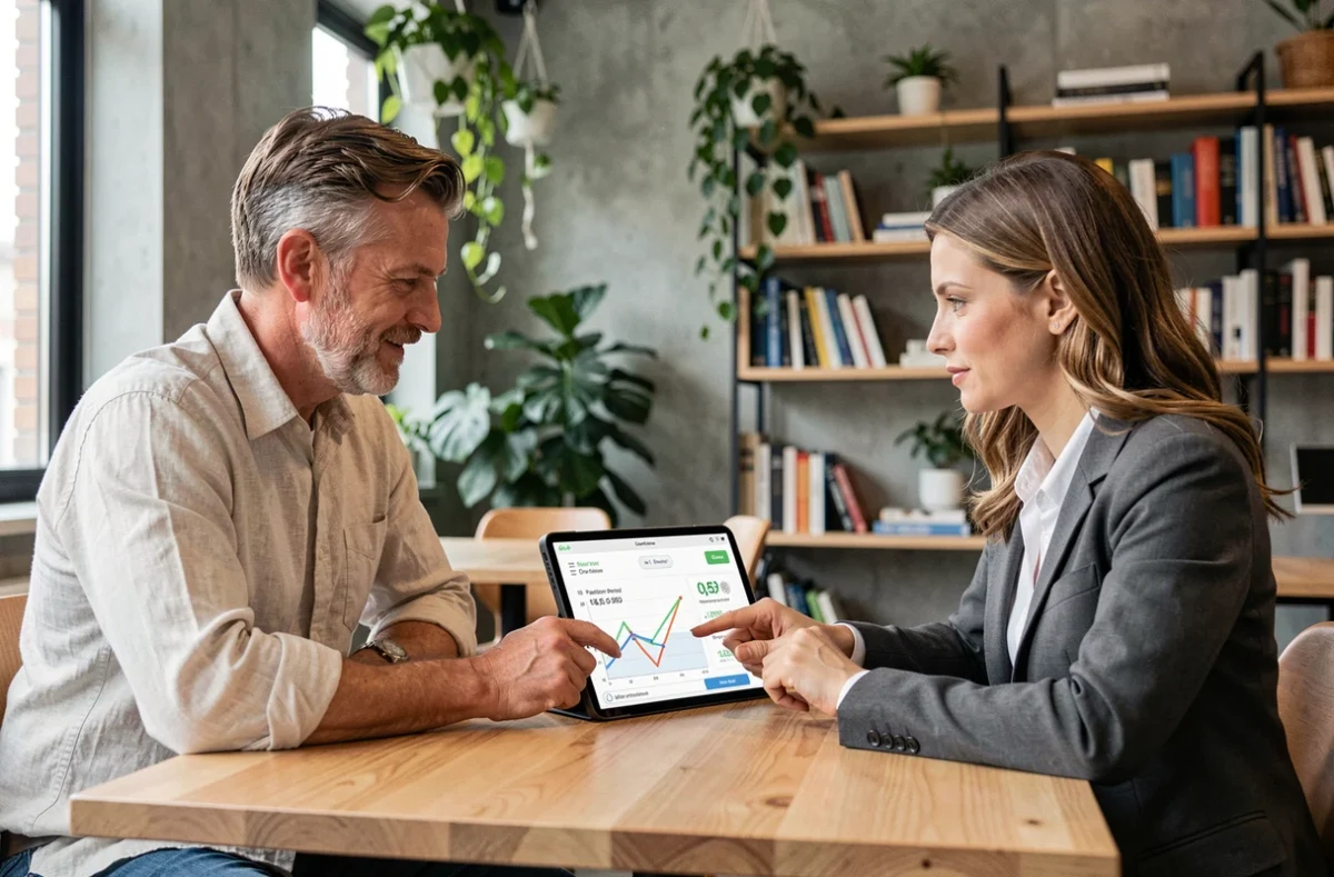 Deux professionnels du marketing B2B consultant un rapport de performance de contenu sur tablette dans un espace de coworking