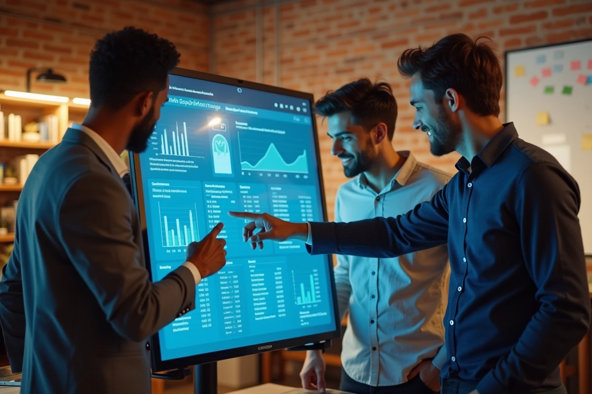 Équipe marketing analysant un tableau de bord unifié d'acquisition dans un espace de coworking moderne