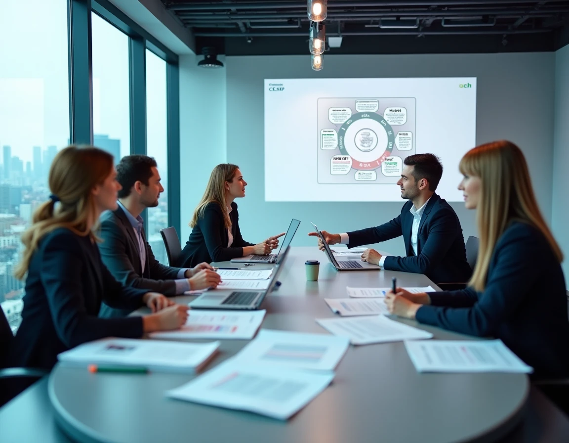 Équipe marketing et sales réunie en salle de réunion autour d'un framework ICP projeté et de documents de segmentation client