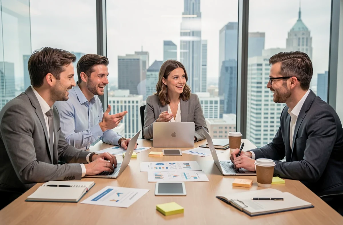 Équipe de professionnels en réunion stratégique autour d'une table de conférence moderne pour accélérer la croissance digitale