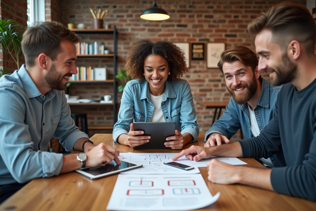 Groupe de professionnels en réunion dans un espace coworking