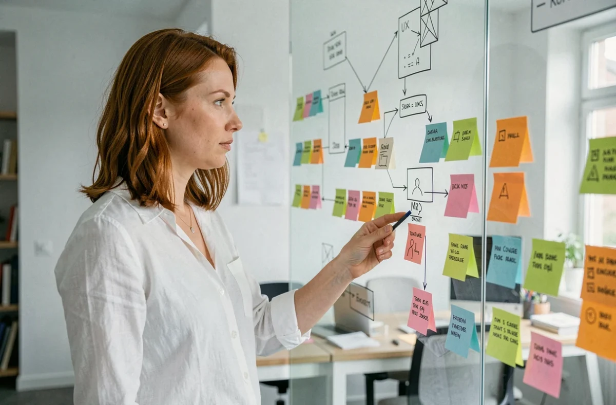 Consultante UX de l'agence Esilab présentant un parcours utilisateur sur un mur de verre dans un studio moderne