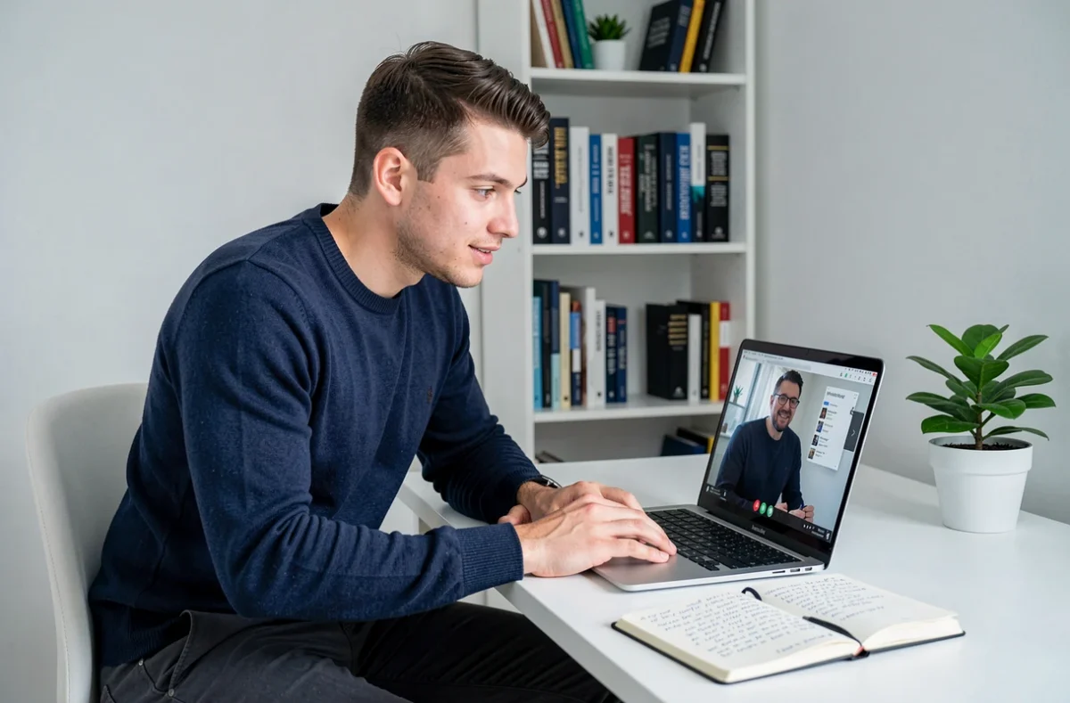 Jeune étudiant entrepreneur présentant son projet de startup à un mentor en visioconférence depuis son bureau