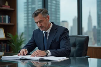 Homme d'affaires en costume navy lisant des documents juridiques