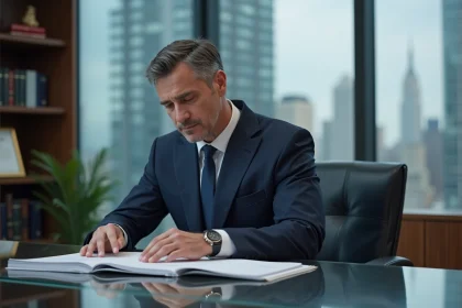 Homme d'affaires en costume navy lisant des documents juridiques