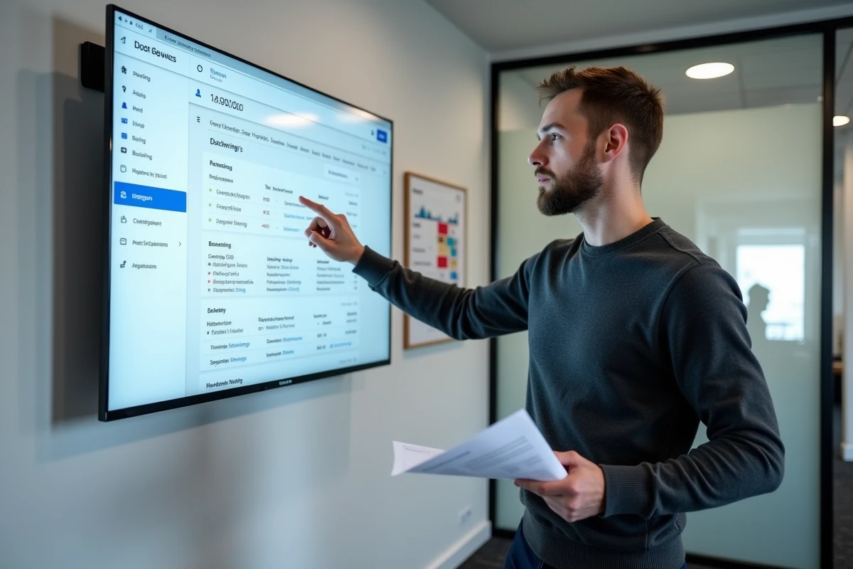 Expert en référencement naturel présentant des résultats de positionnement et de netlinking sur un écran d'agence SEO