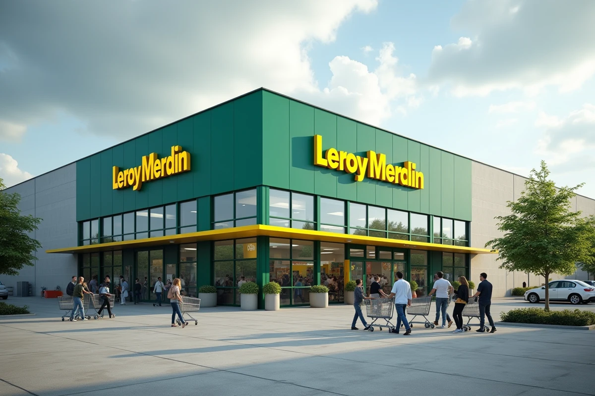 Façade extérieure d'un magasin Leroy Merlin avec enseigne verte et clients à l'entrée