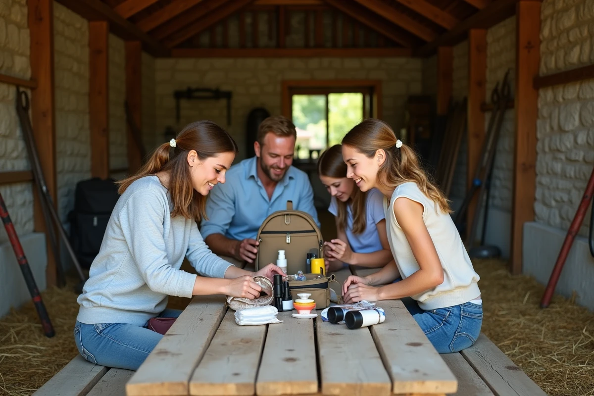 Famille étalant le contenu de leurs sacs sur une table en bois dans la ferme du Fays
