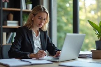 Femme d'affaires lisant un document dans son bureau