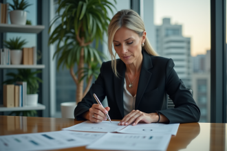 Femme d'affaires en réunion analysant des documents