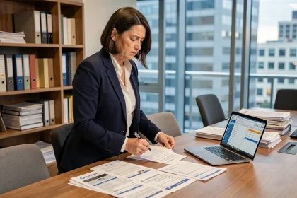 Femme d'affaires examinant des documents d'expédition internationale et des formulaires de douane liés à l'incoterm DDP dans un bureau moderne