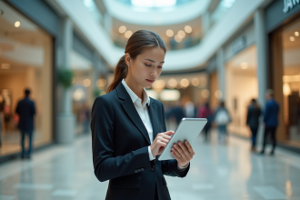 Jeune femme d'affaires dans un centre commercial moderne