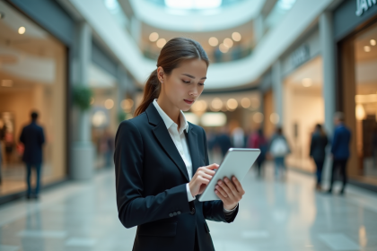 Jeune femme d'affaires dans un centre commercial moderne