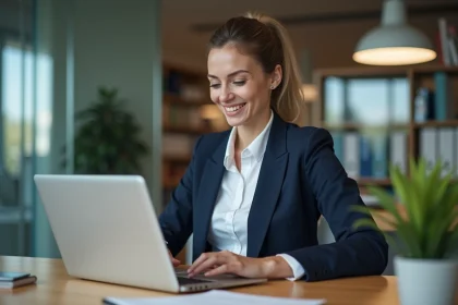 Femme d'affaires v&eacute;rifiant ses paies sur son ordinateur