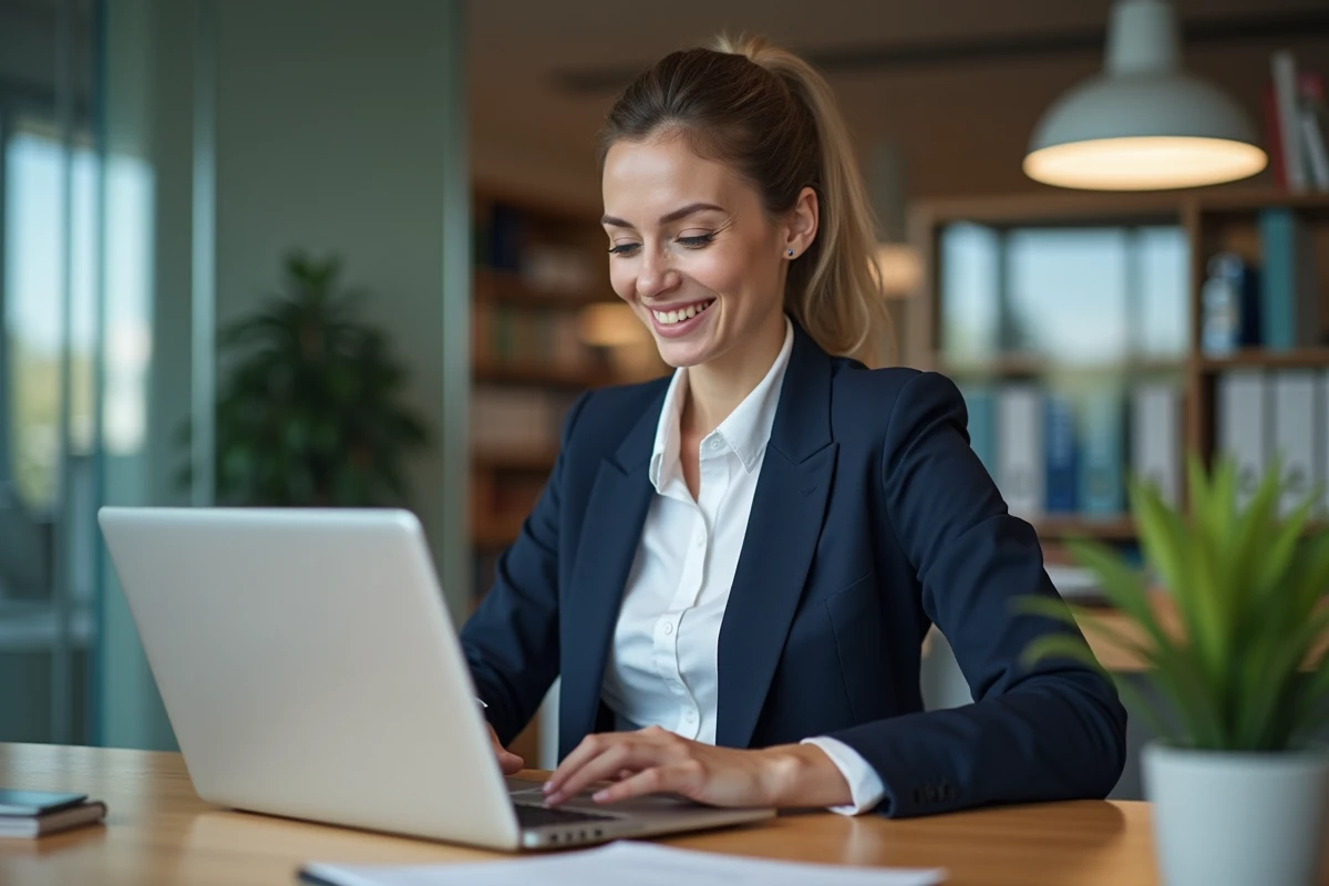 Femme d'affaires vérifiant ses paies sur son ordinateur